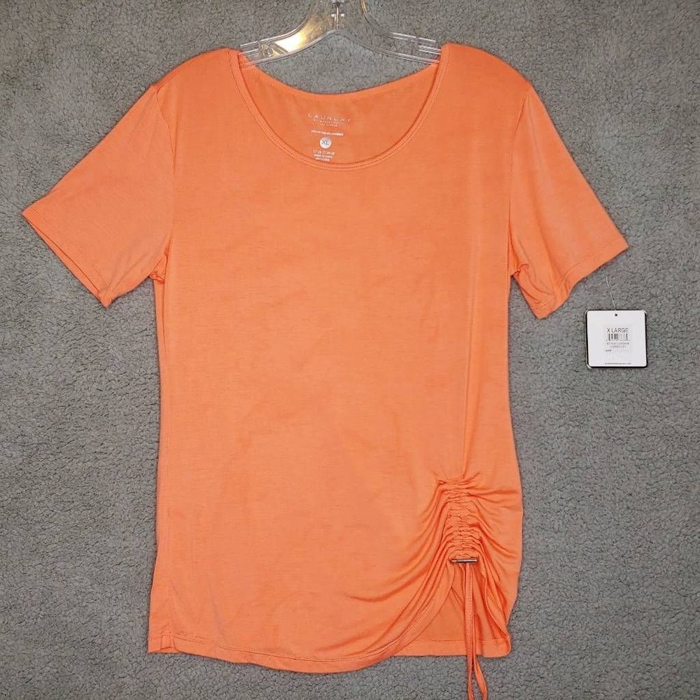 Laundry By Shelli Segal Womens T-Shirt Orange Stretch Scoop Neck Ruched XL New